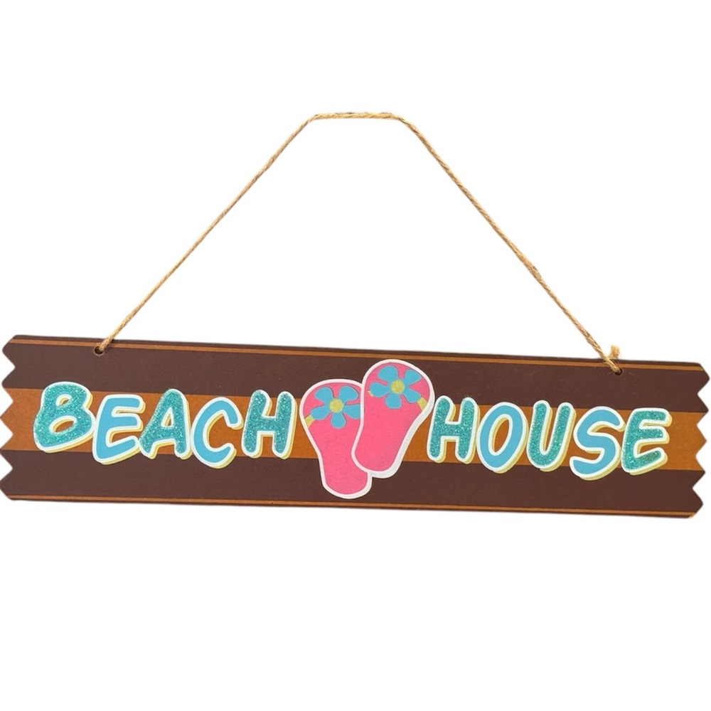 Beach House Wall Hanging Sign with Pink Flip-Flops Bling Coastal Nautical